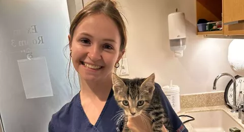UNH veterinary technology student Ava McNamara holding a kitten